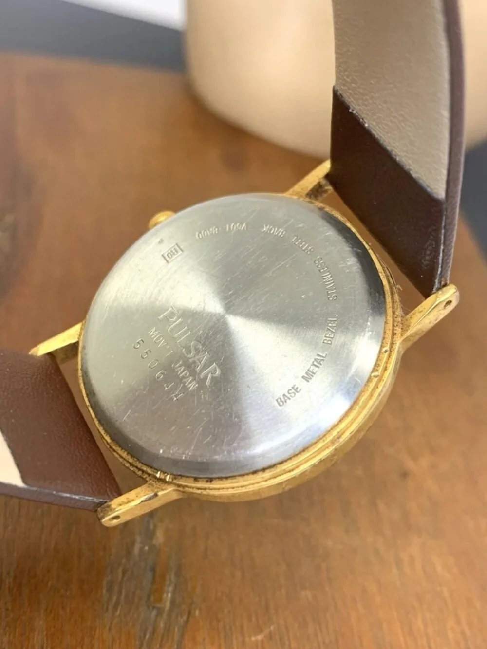Pulsar Men's Watch V501-8A00 Vintage Quartz Gold Dial Brown Leather Strap 32.5mm